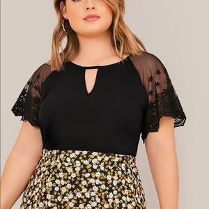 SHEIN Embroidery Mesh Sleeve Curved Hem Top